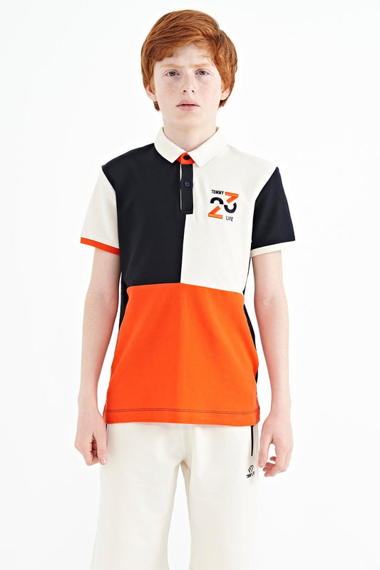 Navy Blue Block Embroidery Detailed Standard Pattern Polo Collar Boys T-Shirt - 11108