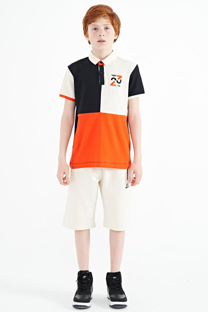 Navy Blue Block Embroidery Detailed Standard Pattern Polo Collar Boys T-Shirt - 11108