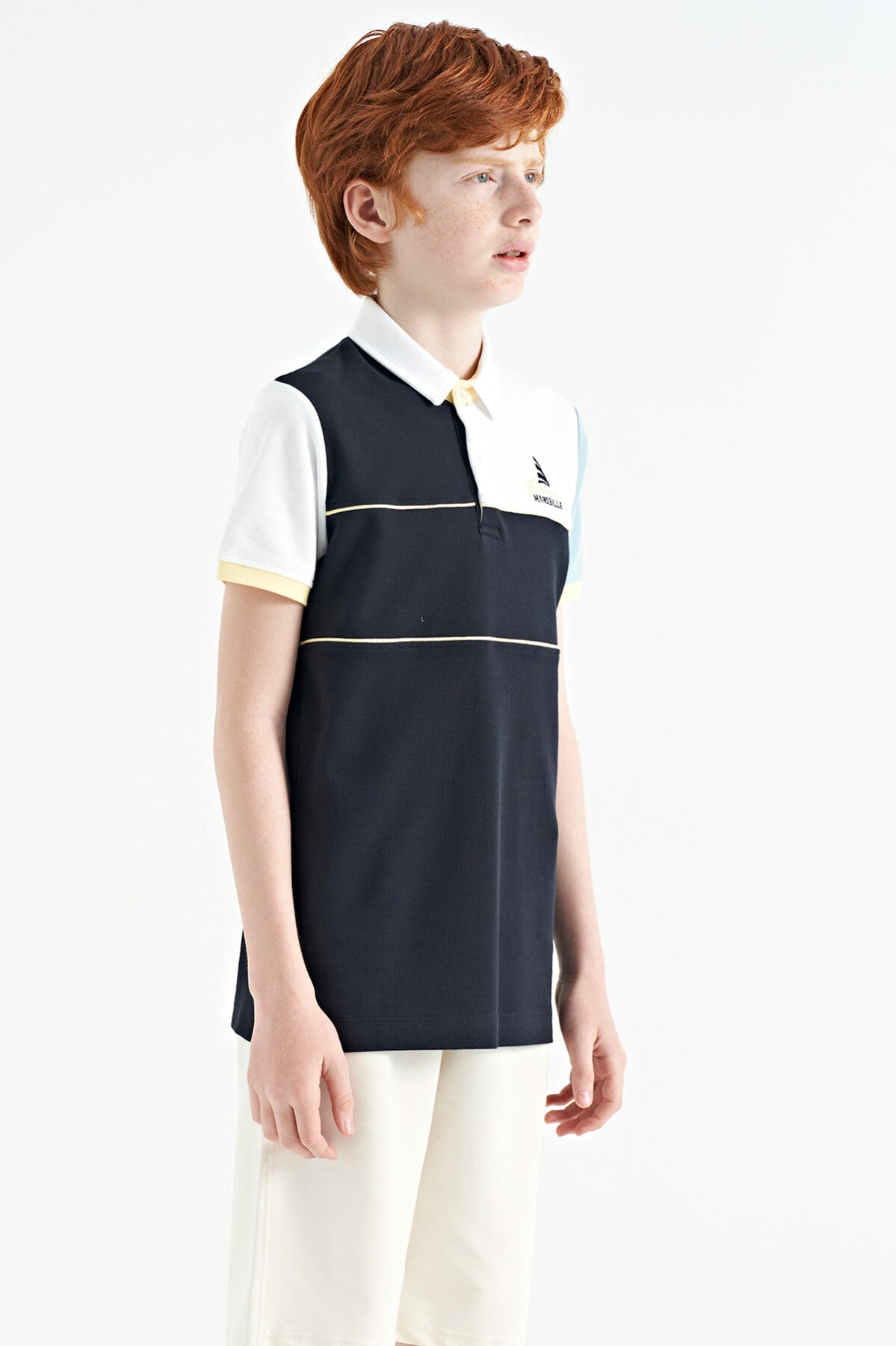 Navy Blue Block Embroidery Letter Detailed Standard Template Polo Collar Boys T-Shirt - 11109