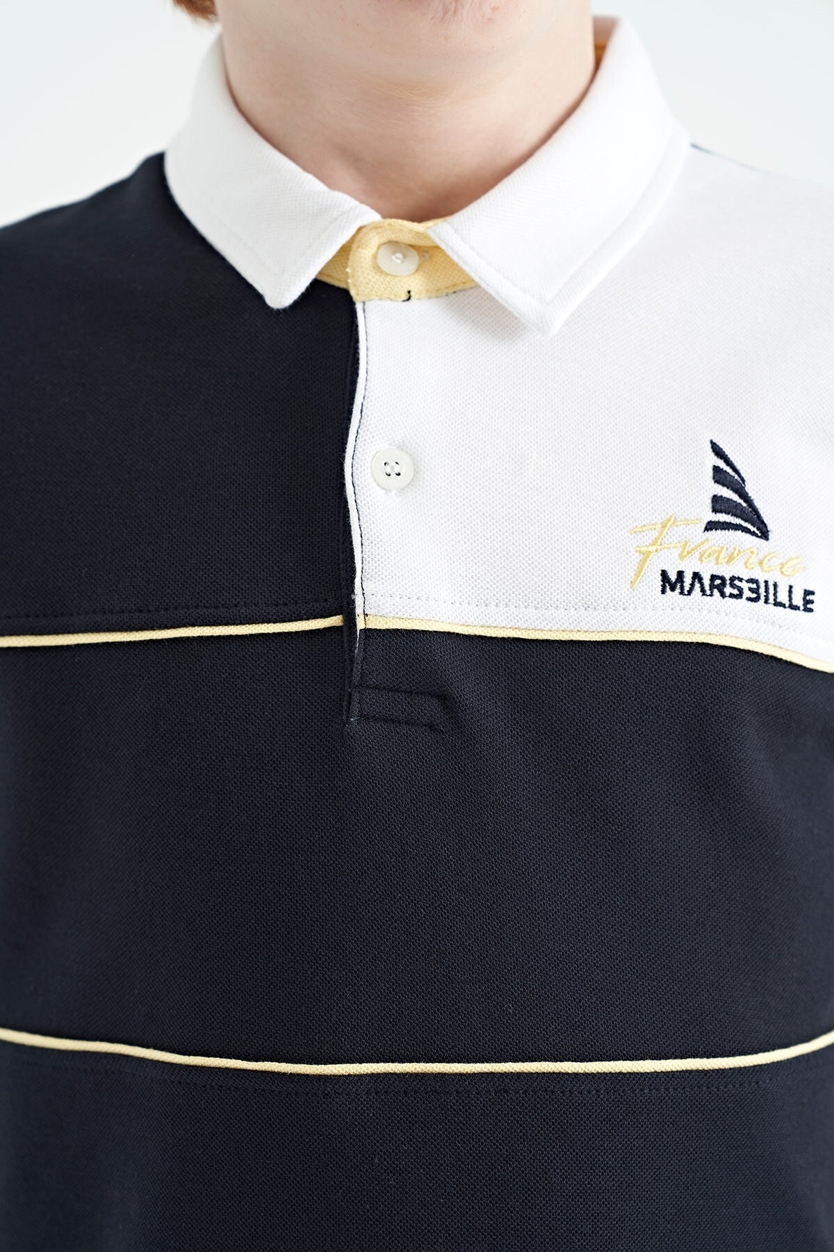 Navy Blue Block Embroidery Letter Detailed Standard Template Polo Collar Boys T-Shirt - 11109
