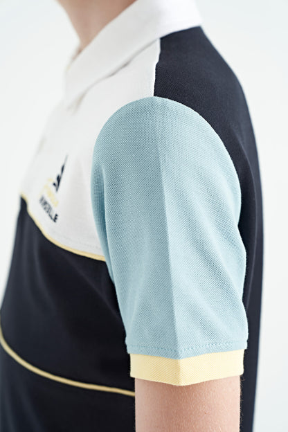 Navy Blue Block Embroidery Letter Detailed Standard Template Polo Collar Boys T-Shirt - 11109