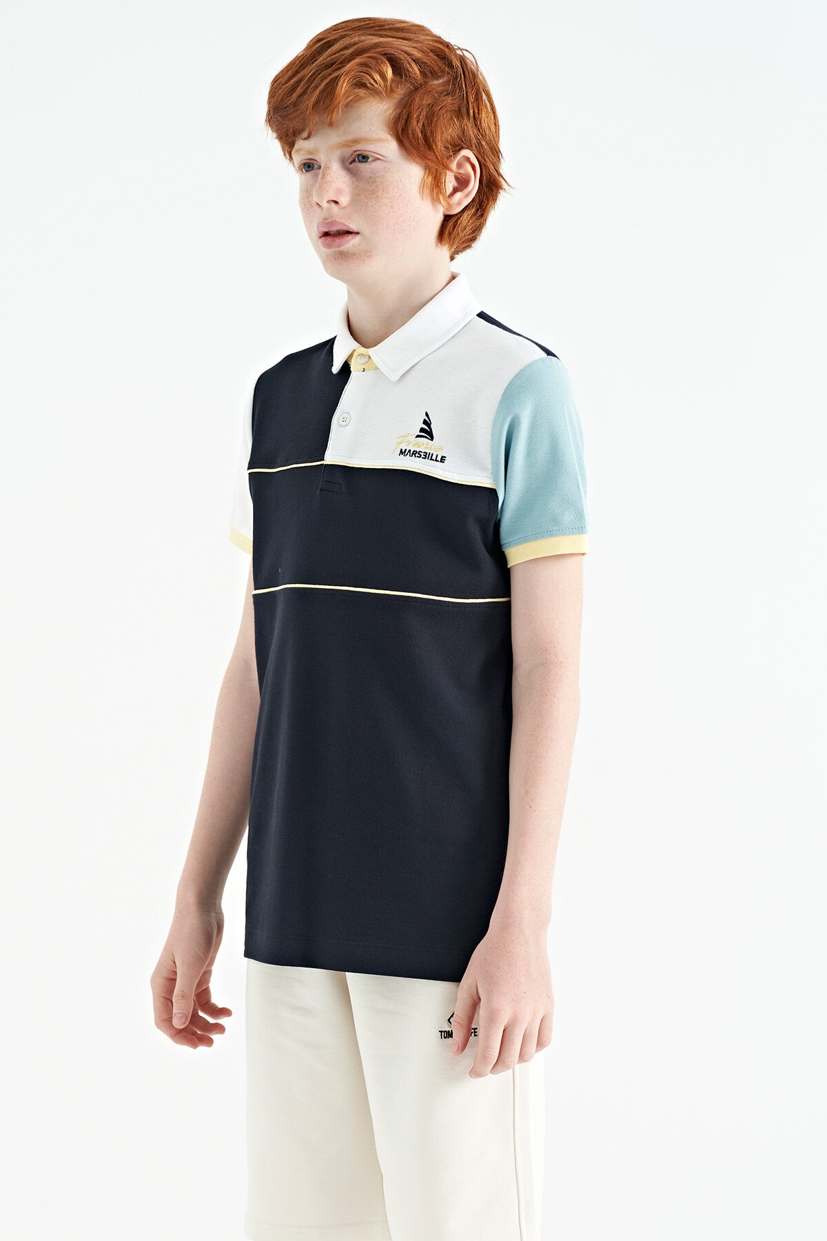 Navy Blue Block Embroidery Letter Detailed Standard Template Polo Collar Boys T-Shirt - 11109