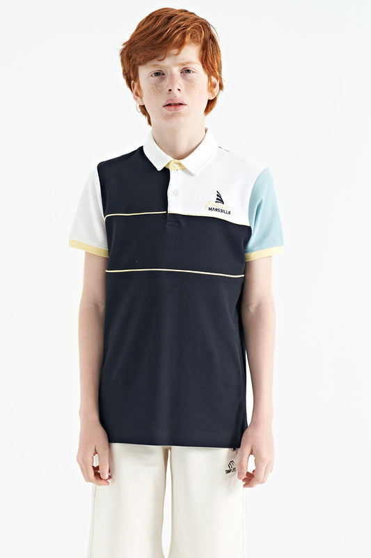 Navy Blue Block Embroidery Letter Detailed Standard Template Polo Collar Boys T-Shirt - 11109