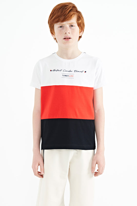 Navy Blue Block O Collar Printed Detailed Standard Fit Boys' T-Shirt - 11135