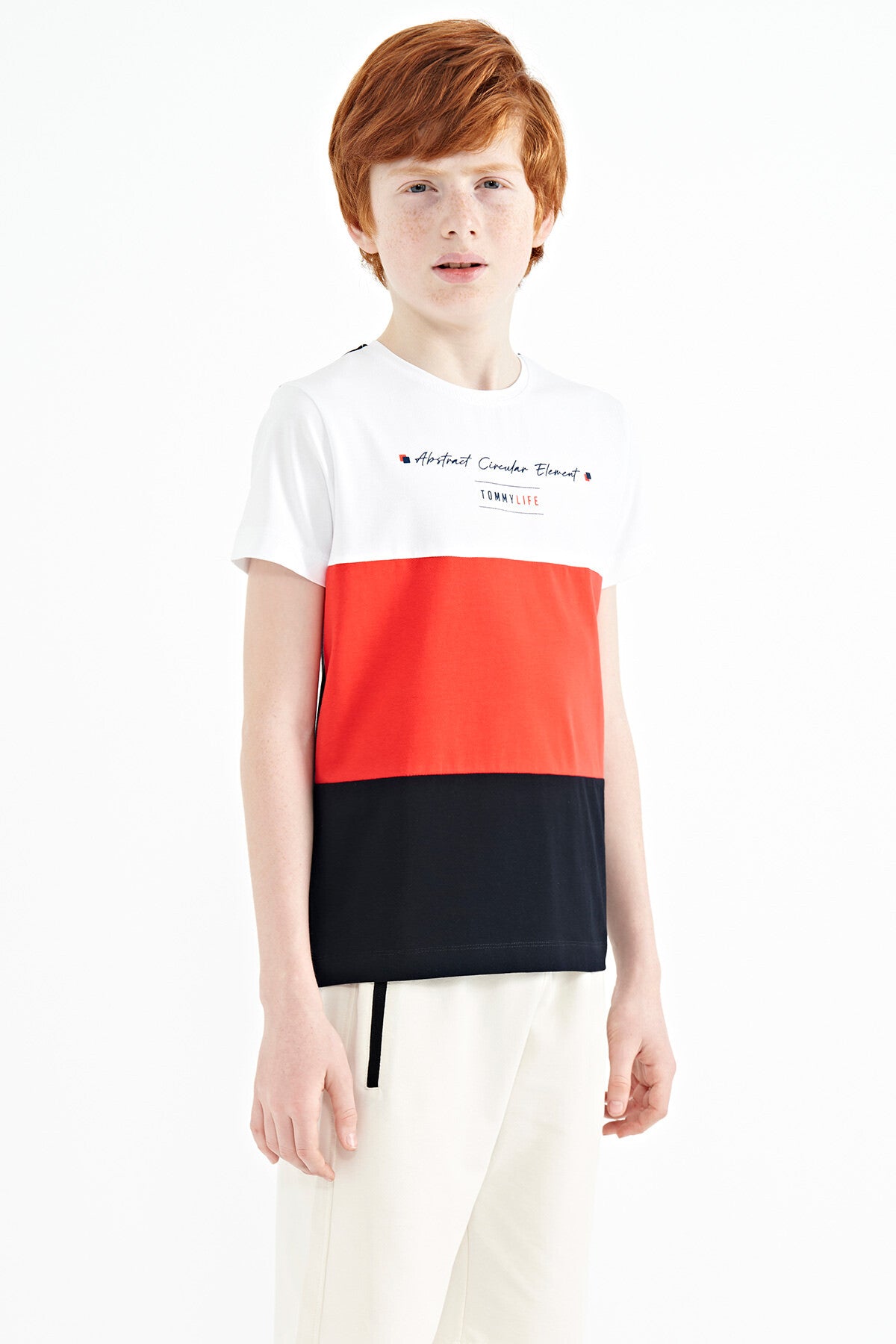 Navy Blue Block O Collar Printed Detailed Standard Fit Boys' T-Shirt - 11135