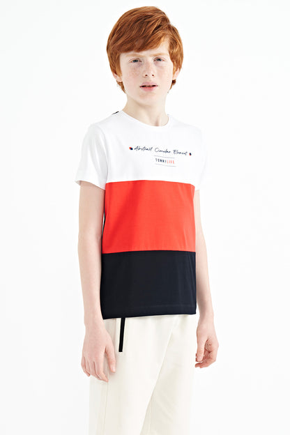 Navy Blue Block O Collar Printed Detailed Standard Fit Boys' T-Shirt - 11135