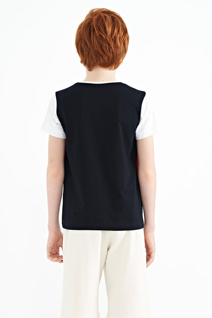 Navy Blue Block O Collar Printed Detailed Standard Fit Boys' T-Shirt - 11135