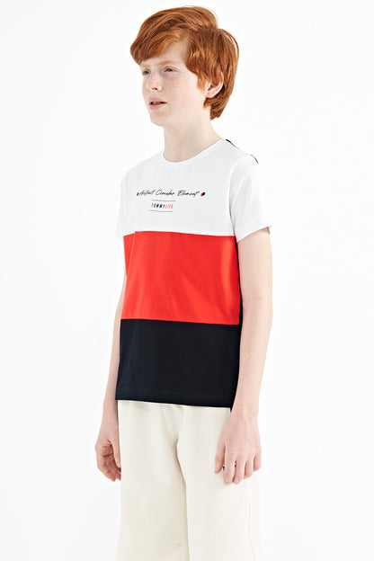 Navy Blue Block O Collar Printed Detailed Standard Fit Boys' T-Shirt - 11135