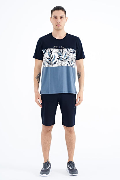 Navy Blue Gradient Print Detailed O Collar Standard Fit Men's T-Shirt - 88177