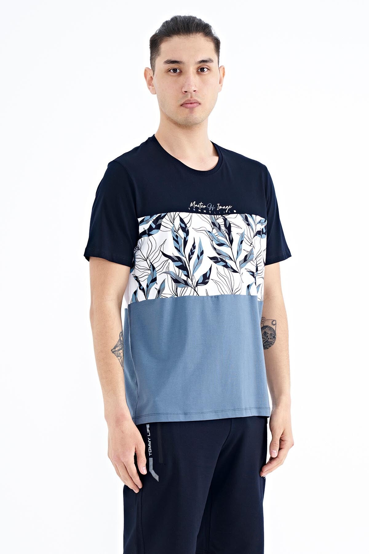 Navy Blue Gradient Print Detailed O Collar Standard Fit Men's T-Shirt - 88177