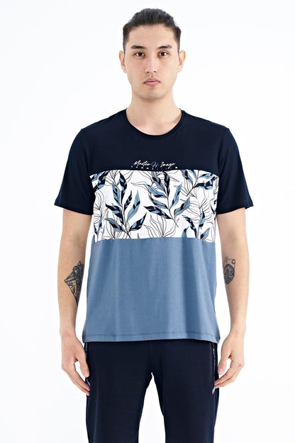 Navy Blue Gradient Print Detailed O Collar Standard Fit Men's T-Shirt - 88177