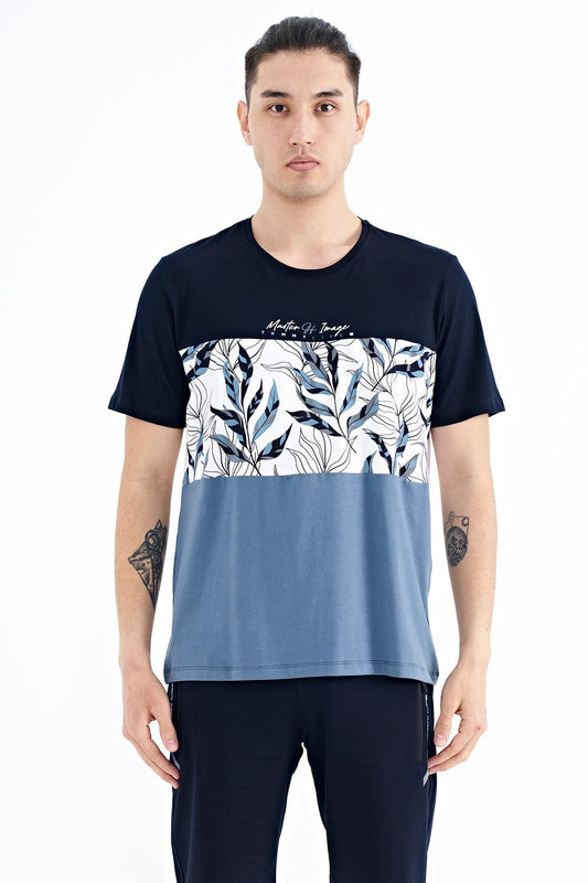 Navy Blue Gradient Print Detailed O Collar Standard Fit Men's T-Shirt - 88177