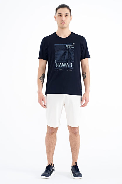 Navy Blue Slogan Printed O Collar Standard Fit Men's T-shirt - 88190