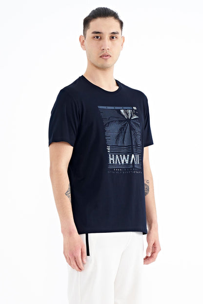 Navy Blue Slogan Printed O Collar Standard Fit Men's T-shirt - 88190
