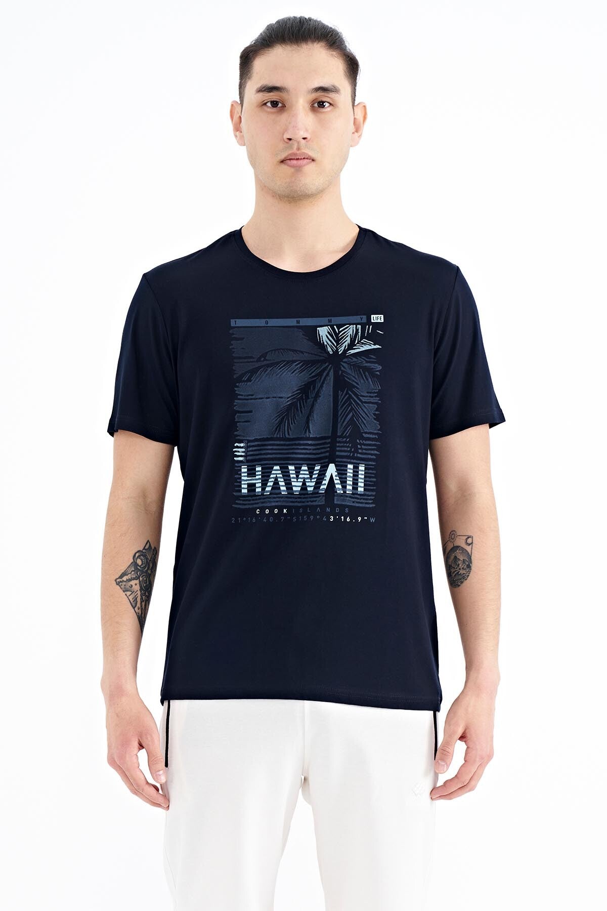Navy Blue Slogan Printed O Collar Standard Fit Men's T-shirt - 88190