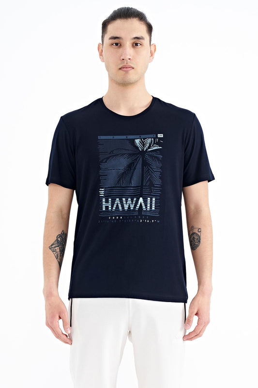 Navy Blue Slogan Printed O Collar Standard Fit Men's T-shirt - 88190