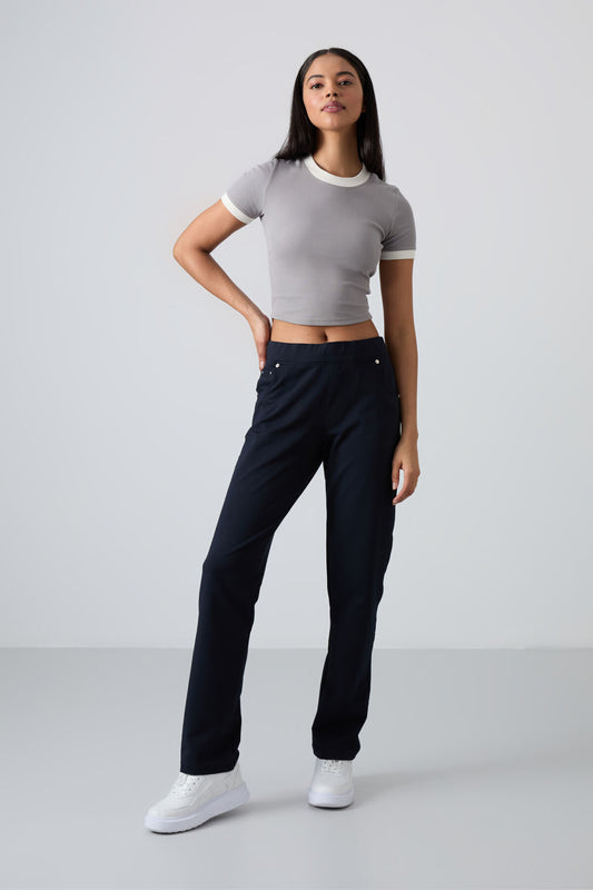 Navy Blue Stone Detailed Pocketed Comfort Fit Classic Hem Women's Tracksuit Bottom - 94007