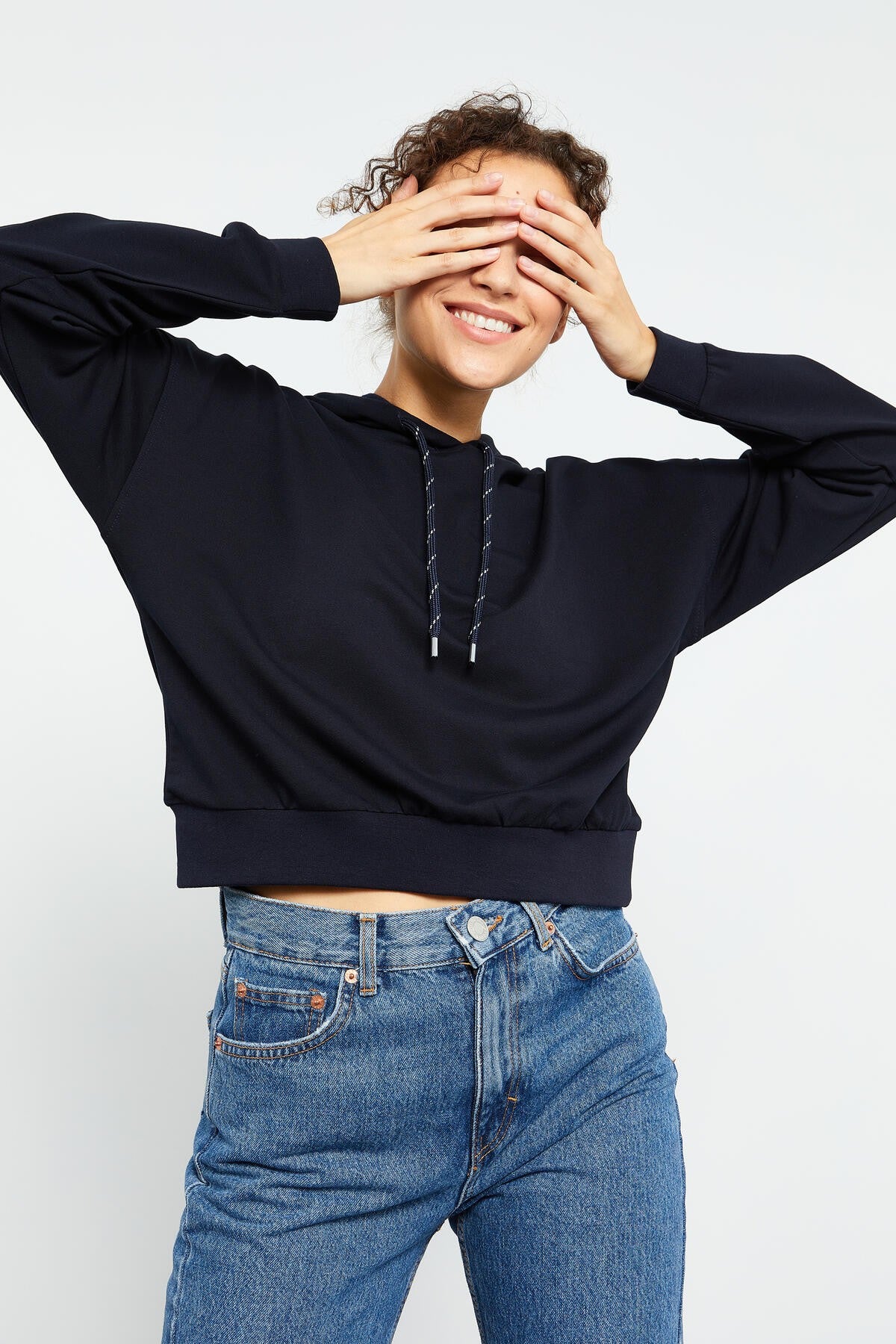 Navy Blue Long Sleeve Comfort Fit Hooded Women's Sweatshirt - 97115