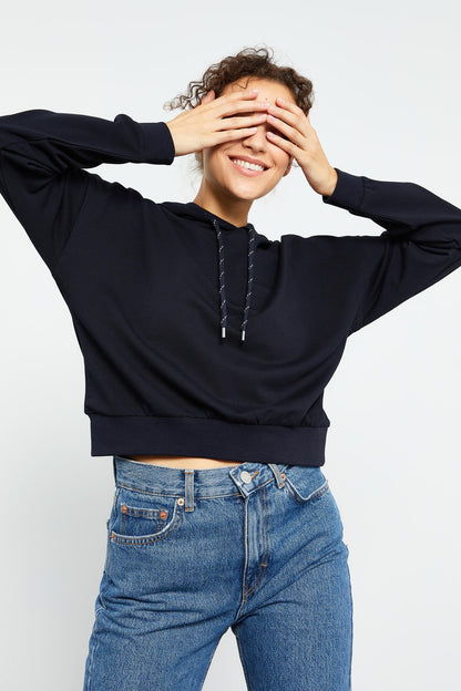 Navy Blue Long Sleeve Comfort Fit Hooded Women's Sweatshirt - 97115