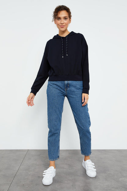 Navy Blue Long Sleeve Comfort Fit Hooded Women's Sweatshirt - 97115