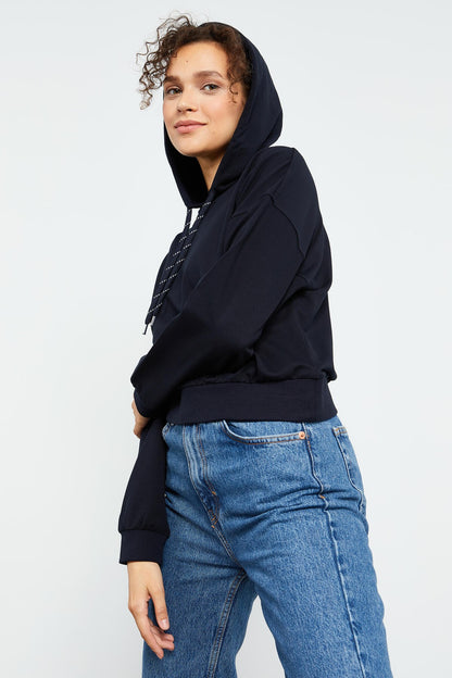 Navy Blue Long Sleeve Comfort Fit Hooded Women's Sweatshirt - 97115