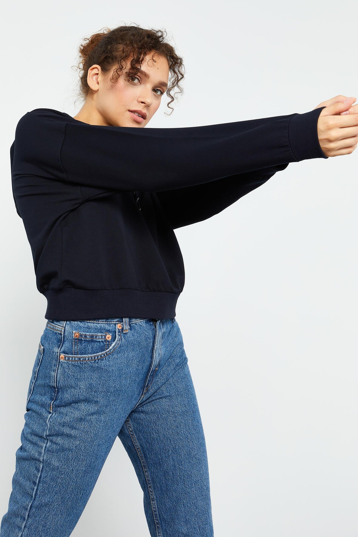 Navy Blue Long Sleeve Comfort Fit Hooded Women's Sweatshirt - 97115
