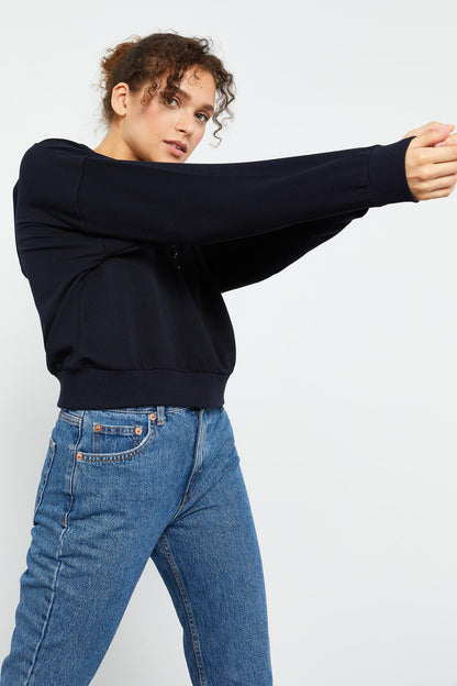 Navy Blue Long Sleeve Comfort Fit Hooded Women's Sweatshirt - 97115