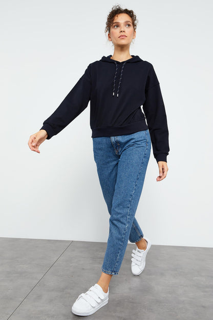 Navy Blue Long Sleeve Comfort Fit Hooded Women's Sweatshirt - 97115