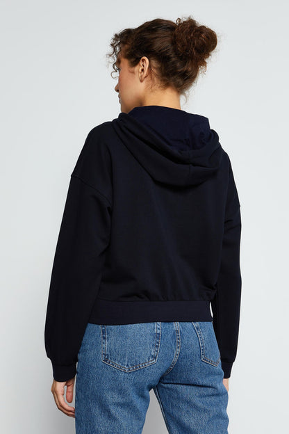 Navy Blue Long Sleeve Comfort Fit Hooded Women's Sweatshirt - 97115
