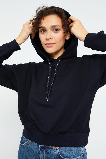 Navy Blue Long Sleeve Comfort Fit Hooded Women's Sweatshirt - 97115
