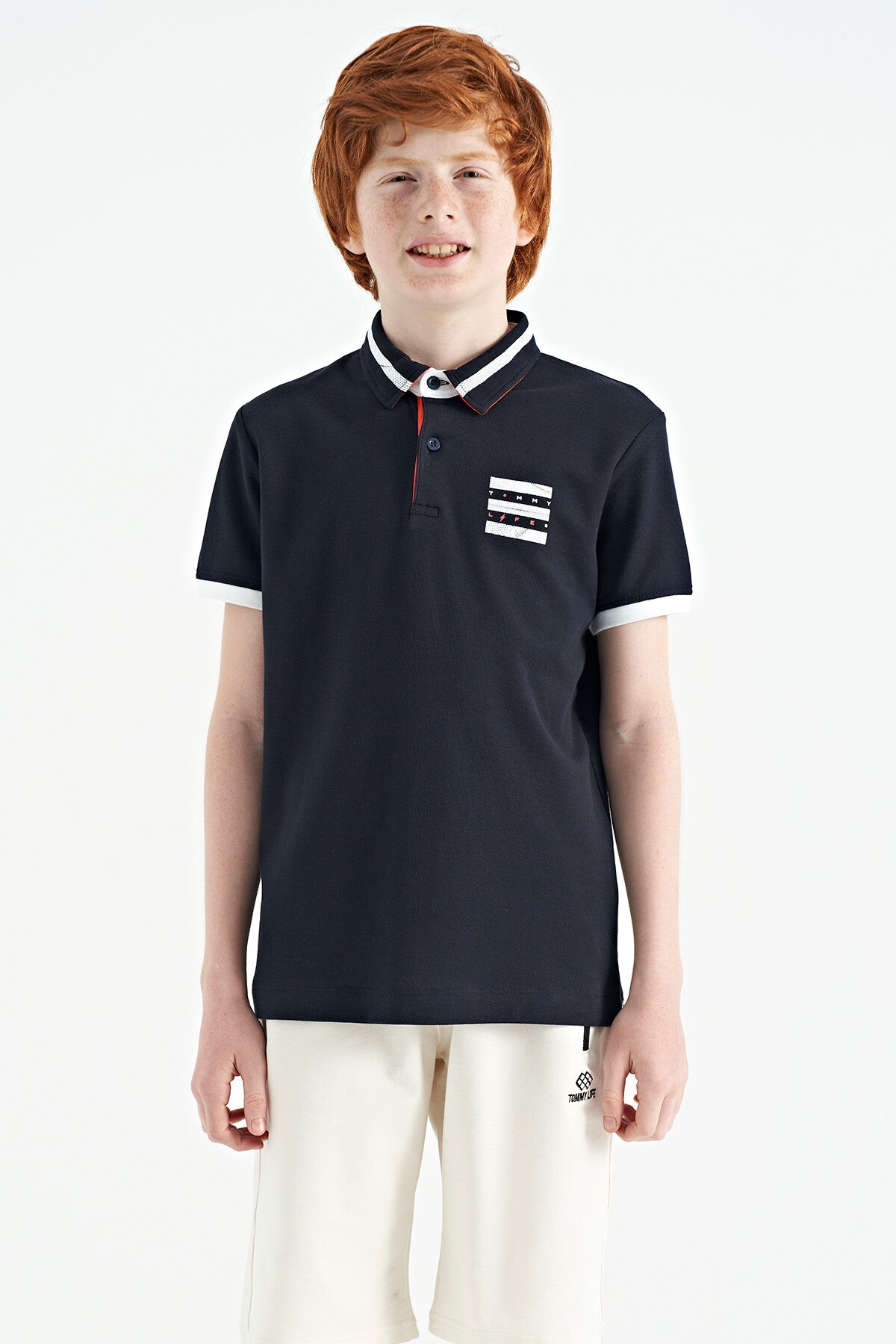 Navy Blue Collar Color Block Print Detailed Standard Cut Boys T-Shirt - 11111