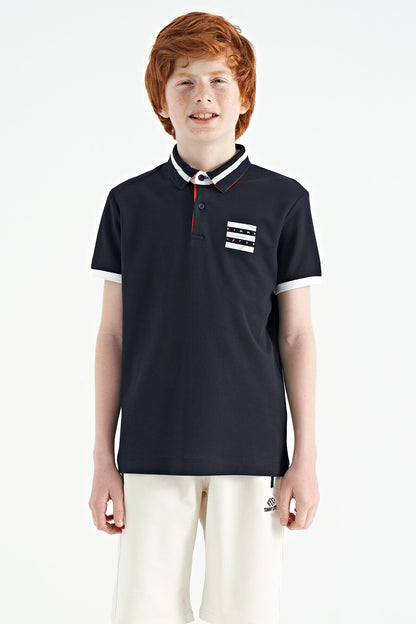 Navy Blue Collar Color Block Print Detailed Standard Cut Boys T-Shirt - 11111