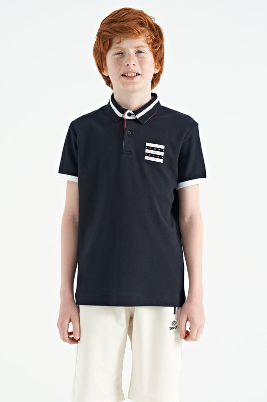 Navy Blue Collar Color Block Print Detailed Standard Cut Boys T-Shirt - 11111