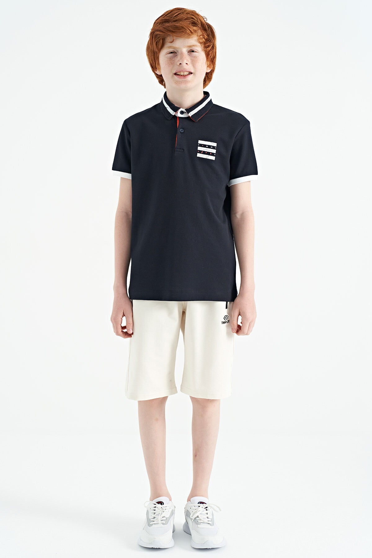 Navy Blue Collar Color Block Print Detailed Standard Cut Boys T-Shirt - 11111
