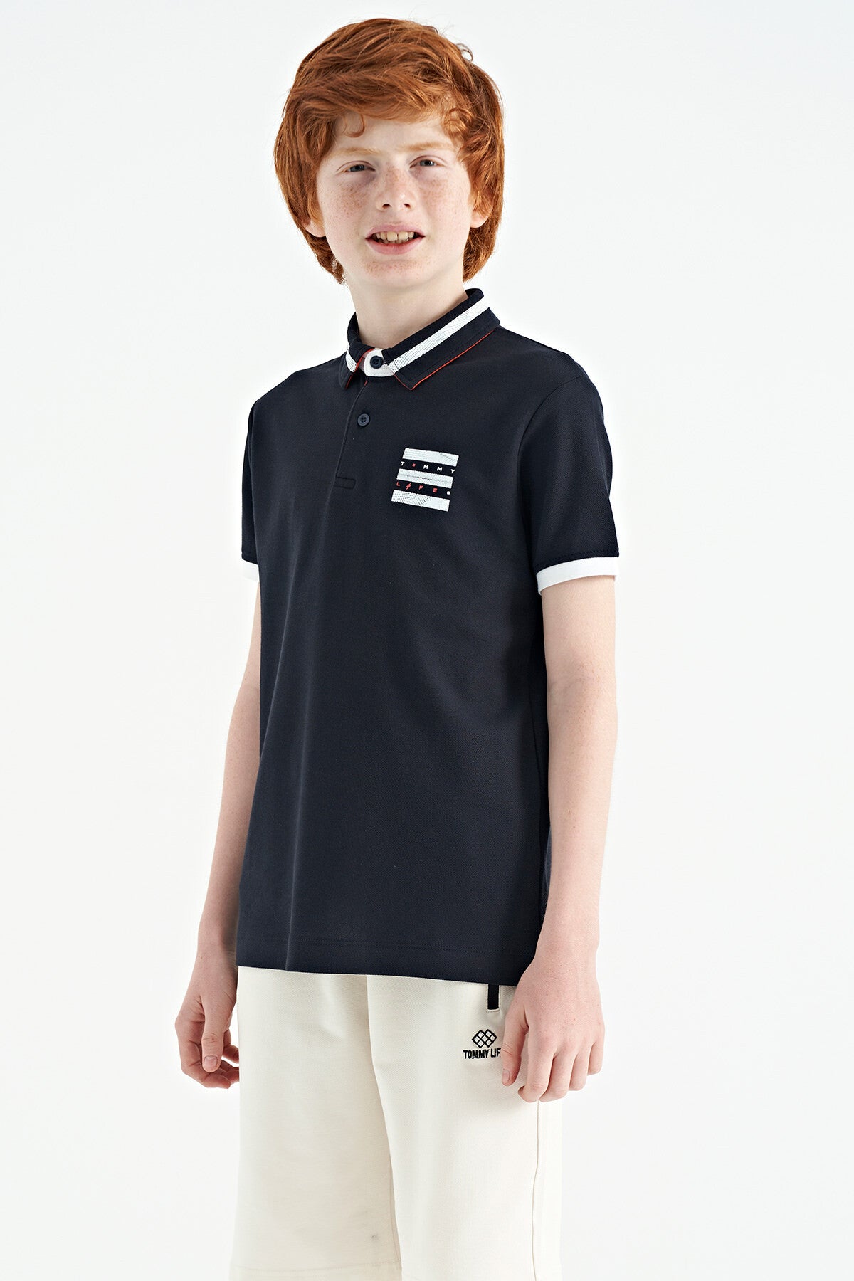Navy Blue Collar Color Block Print Detailed Standard Cut Boys T-Shirt - 11111