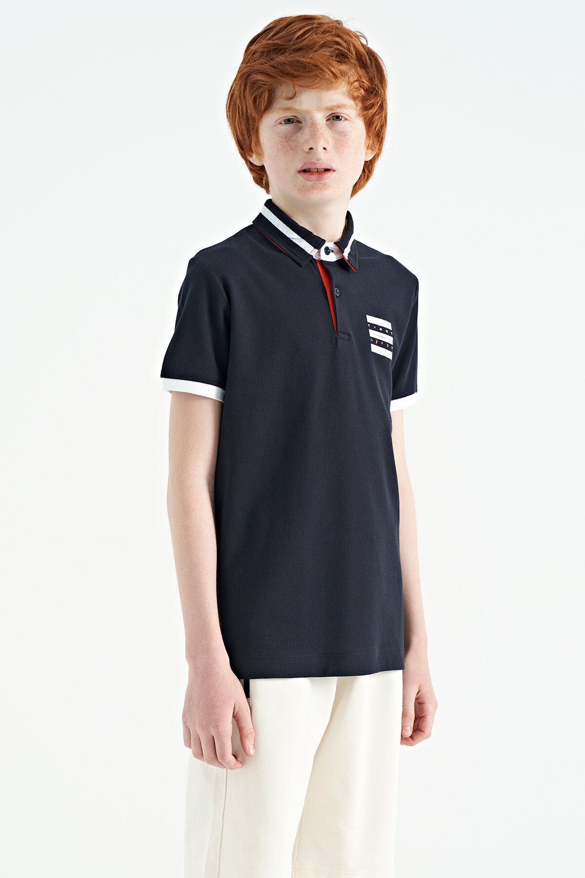 Navy Blue Collar Color Block Print Detailed Standard Cut Boys T-Shirt - 11111