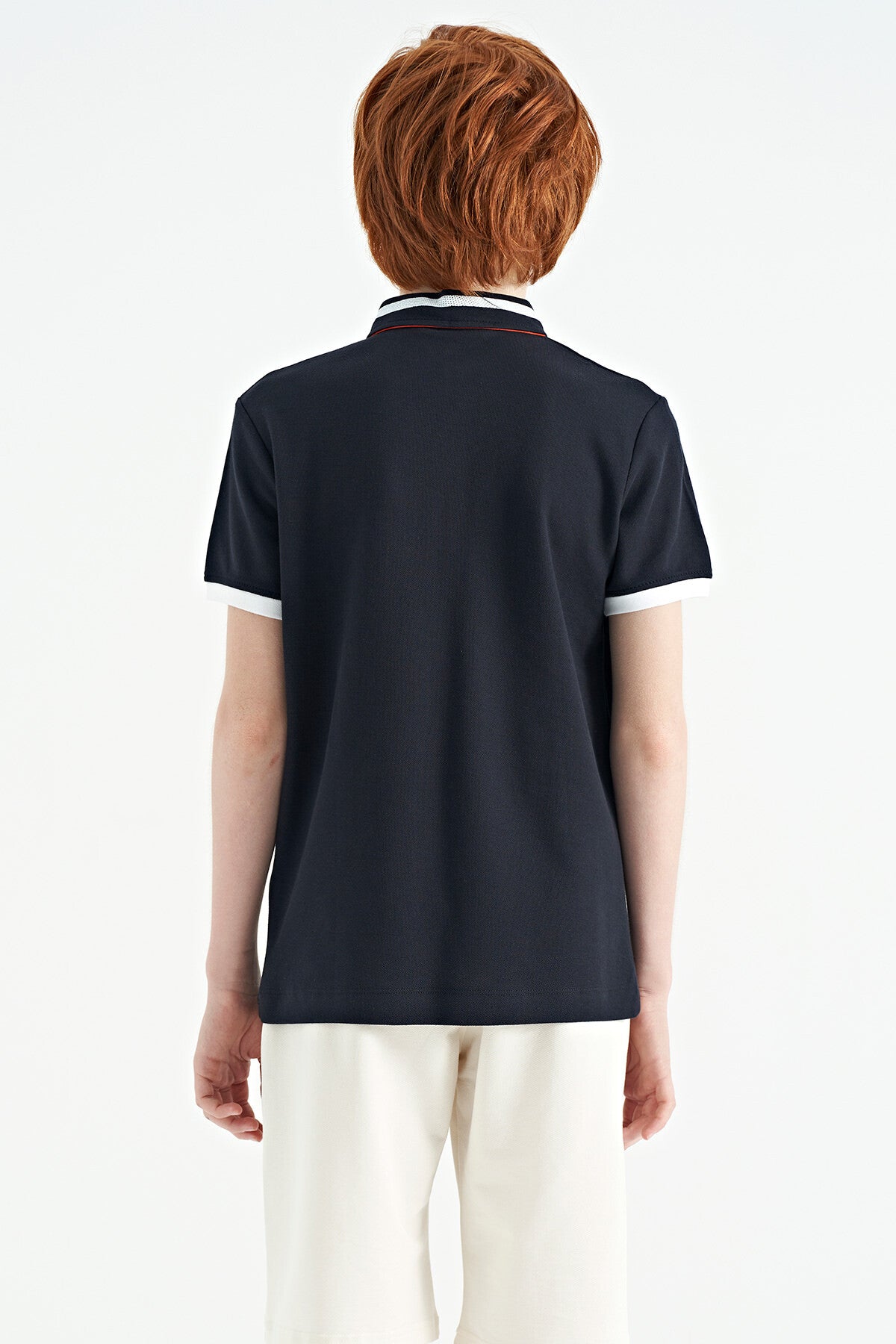 Navy Blue Collar Color Block Print Detailed Standard Cut Boys T-Shirt - 11111