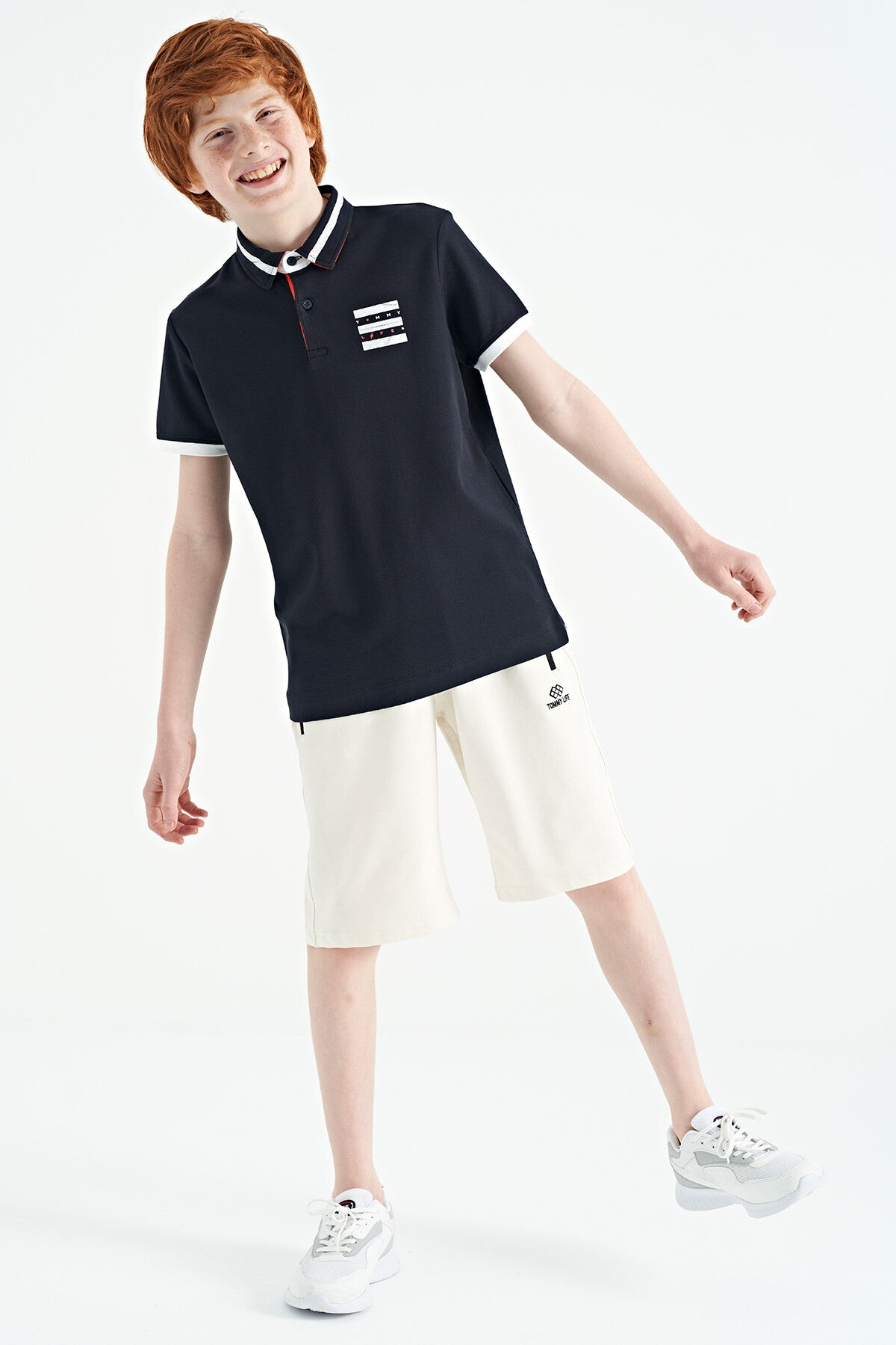 Navy Blue Collar Color Block Print Detailed Standard Cut Boys T-Shirt - 11111