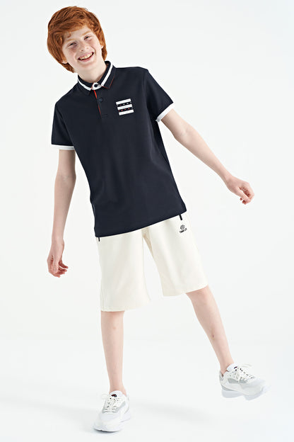 Navy Blue Collar Color Block Print Detailed Standard Cut Boys T-Shirt - 11111