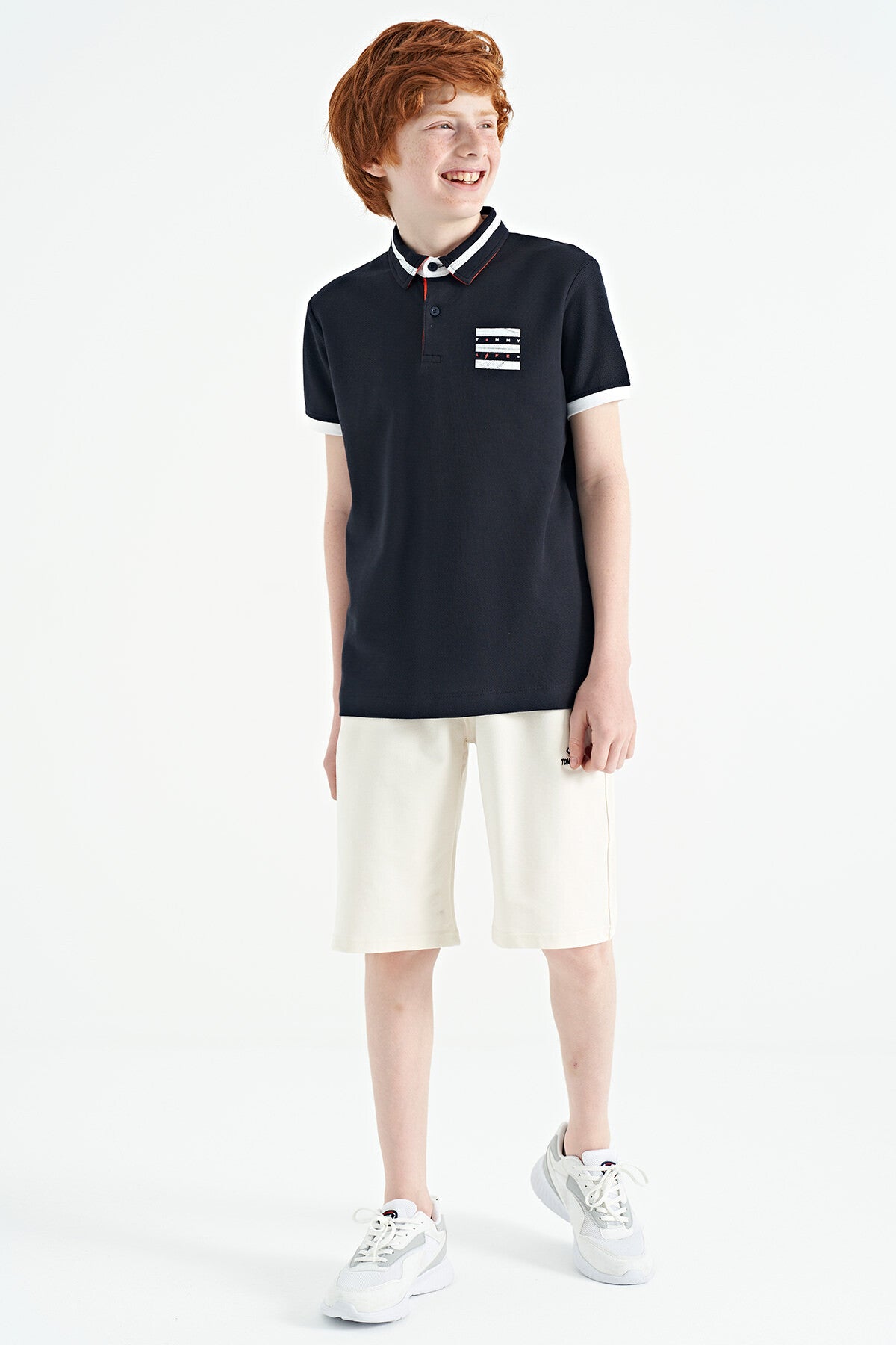 Navy Blue Collar Color Block Print Detailed Standard Cut Boys T-Shirt - 11111