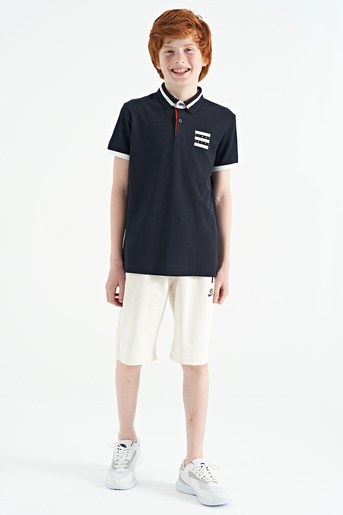 Navy Blue Collar Color Block Print Detailed Standard Cut Boys T-Shirt - 11111