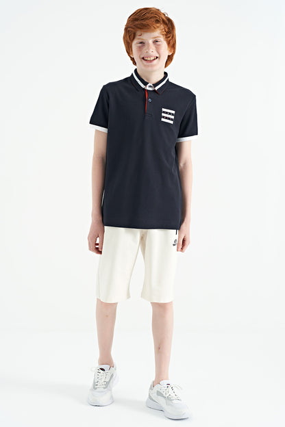 Navy Blue Collar Color Block Print Detailed Standard Cut Boys T-Shirt - 11111