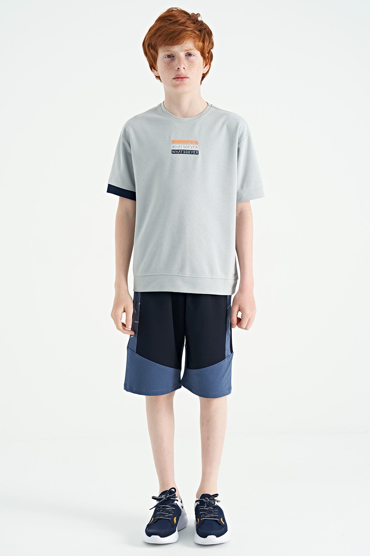 Navy Blue Side Print Detailed Color Blocked Standard Fit Boys Shorts - 11141