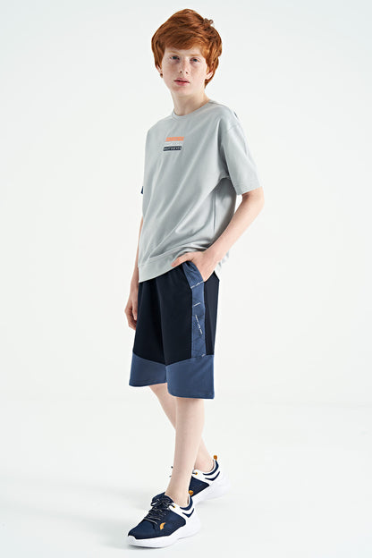 Navy Blue Side Print Detailed Color Blocked Standard Fit Boys Shorts - 11141