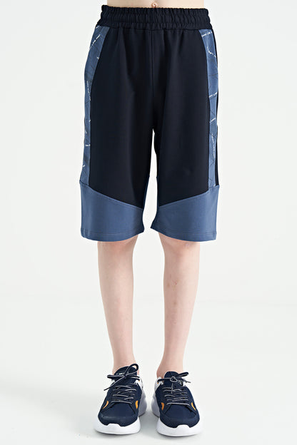 Navy Blue Side Print Detailed Color Blocked Standard Fit Boys Shorts - 11141