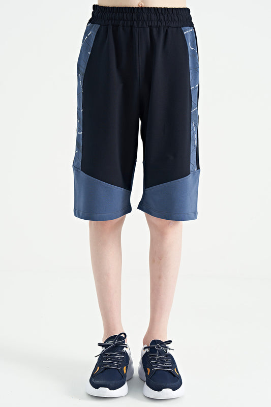 Navy Blue Side Print Detailed Color Blocked Standard Fit Boys Shorts - 11141
