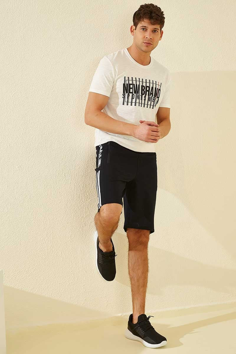 Navy Blue Side Striped Print Standard Fit Men's Shorts - 81145
