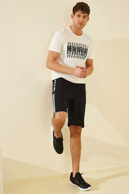 Navy Blue Side Striped Print Standard Fit Men's Shorts - 81145