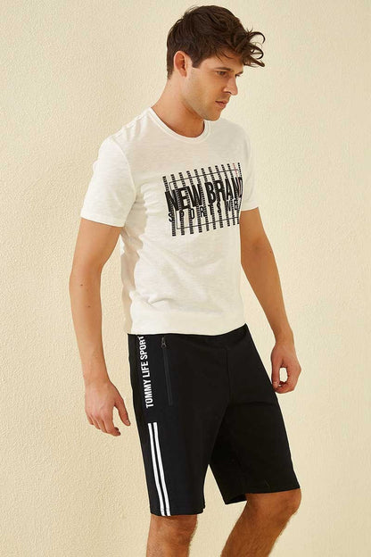 Navy Blue Side Striped Print Standard Fit Men's Shorts - 81145