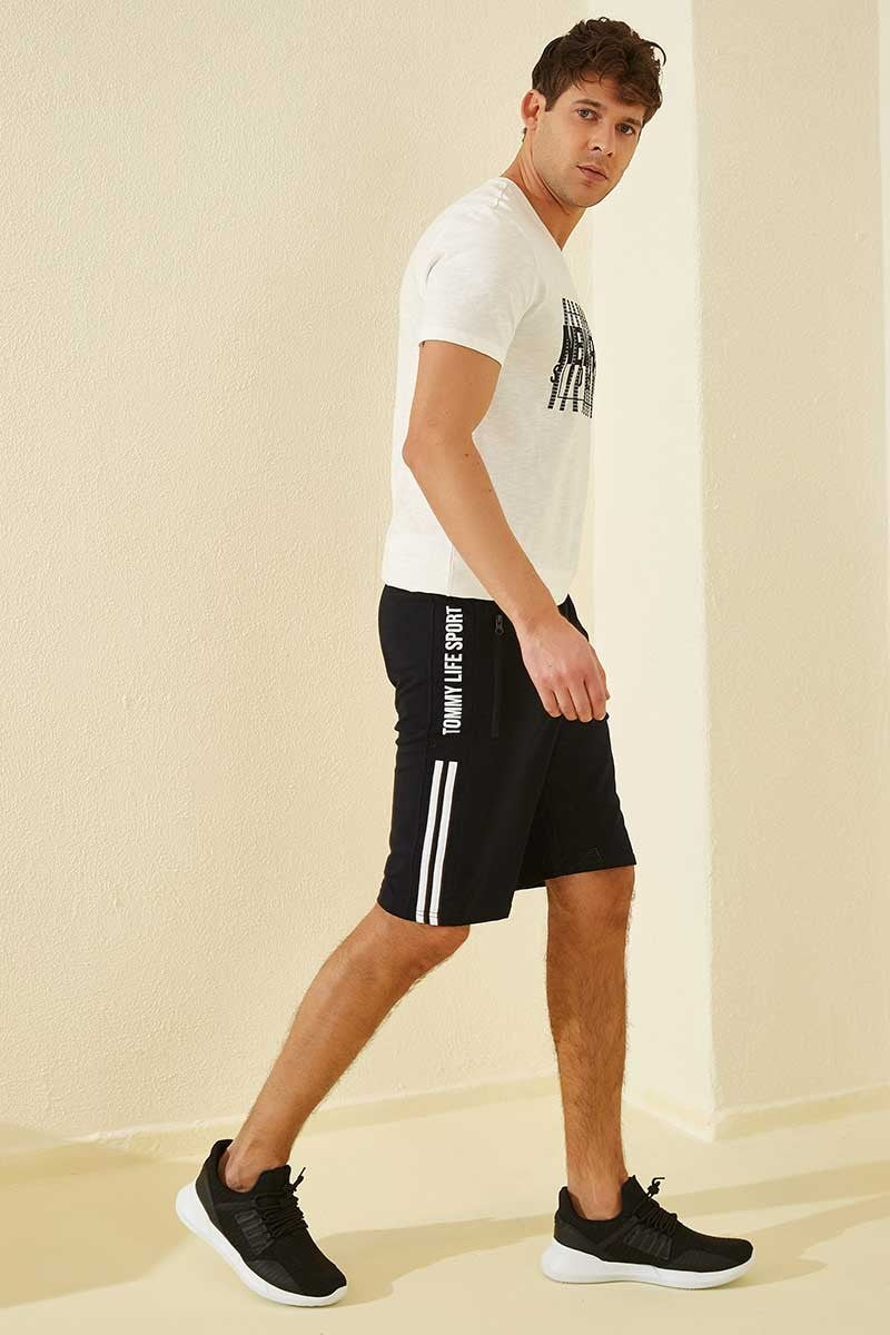 Navy Blue Side Striped Print Standard Fit Men's Shorts - 81145